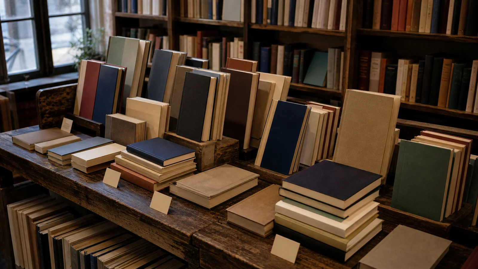 Una mesa de librería ofrece un surtido amplio de libros de tamaños y colores variados