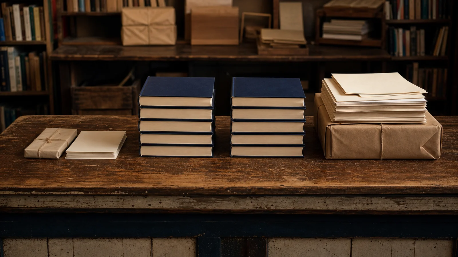 Dos pilas idénticas de libros comparten el mostrador con paquetes y papeles de condiciones muy diferentes