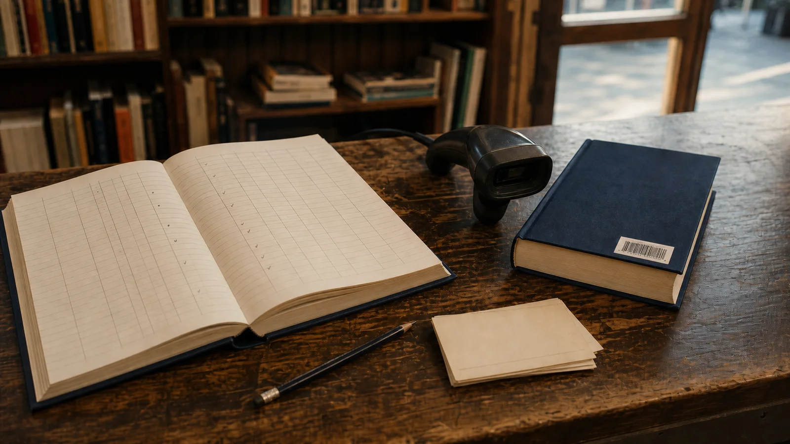 Un cuaderno de inventario en blanco, un lector de código de barras y un libro esperan sobre el mostrador
