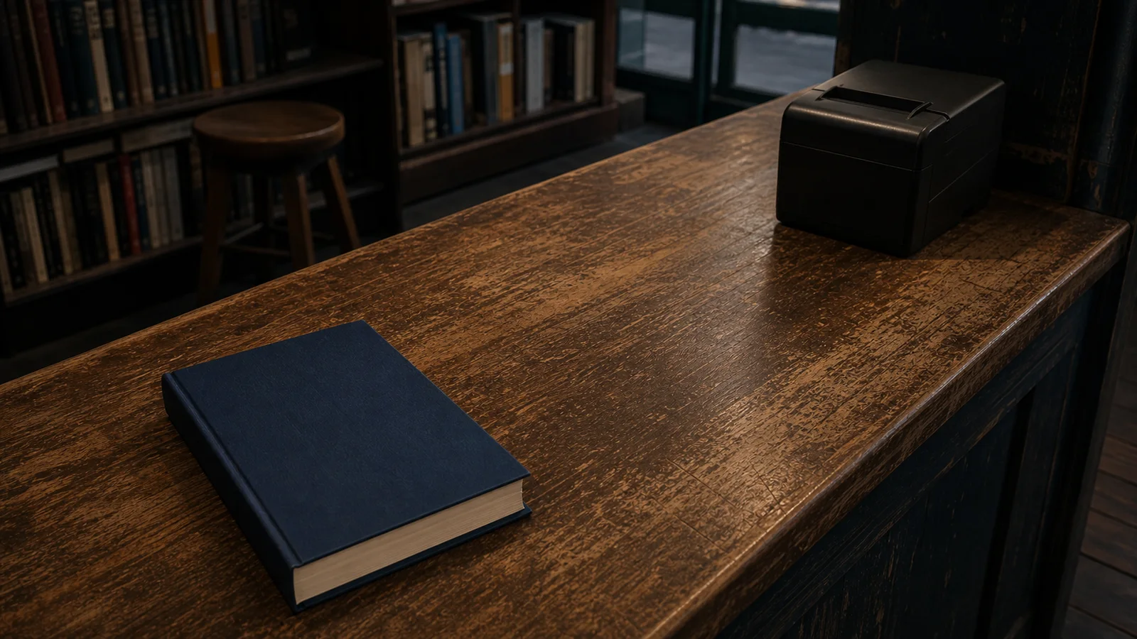 Un libro permanece solo sobre un mostrador mientras una impresora térmica apagada queda lejos, sin emitir recibo