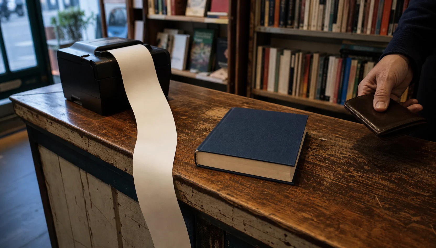 Un libro permanece sobre el mostrador junto a una impresora que expulsa un recibo completamente en blanco mientras una mano retira la billetera