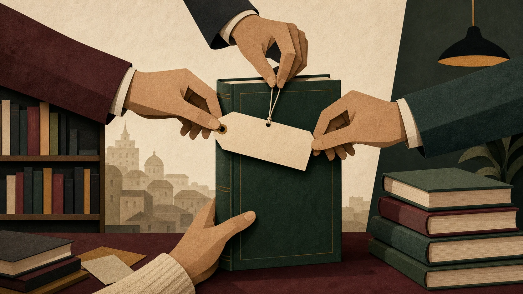 Varias manos fijan una etiqueta en un libro mientras una mano de librero sostiene su peso desde el mostrador