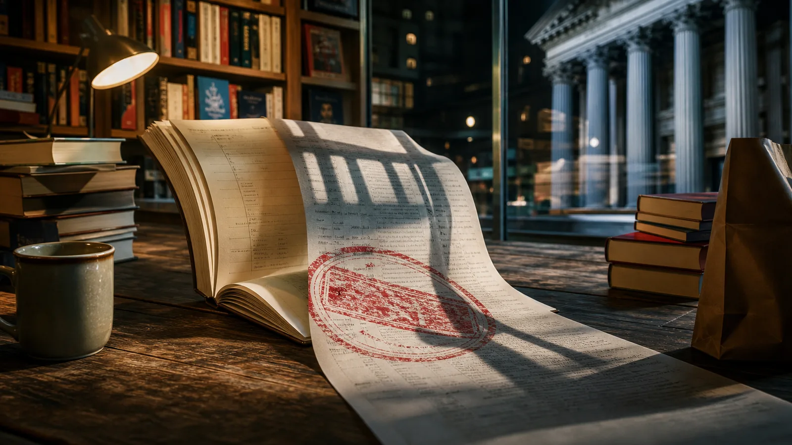 Libro abierto convertido en una cuenta sellada, con una librería y una sombra institucional de fondo