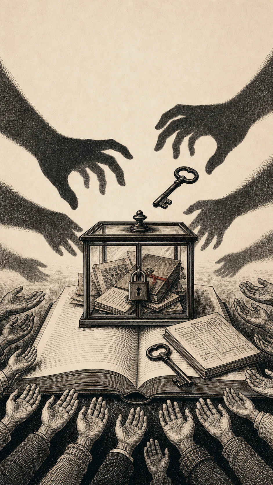 Manuscritos en una vitrina cerrada, llaves y manos alrededor, en estética de ex libris