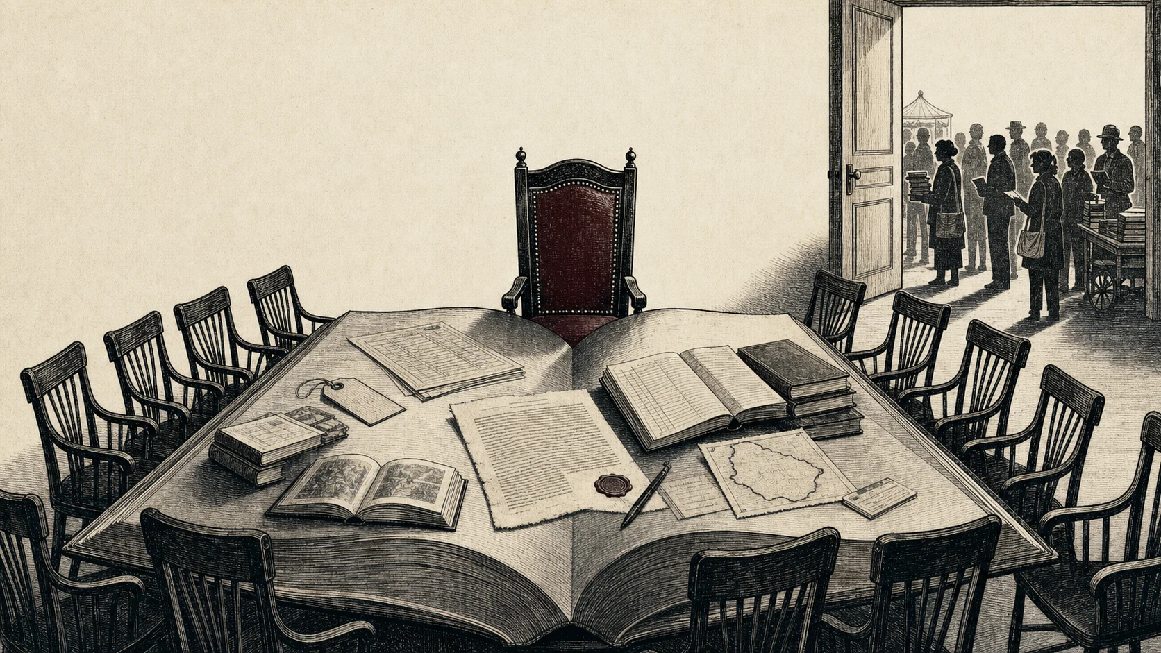 Mesa institucional incompleta sobre un libro abierto, con una silla central y actores esperando afuera