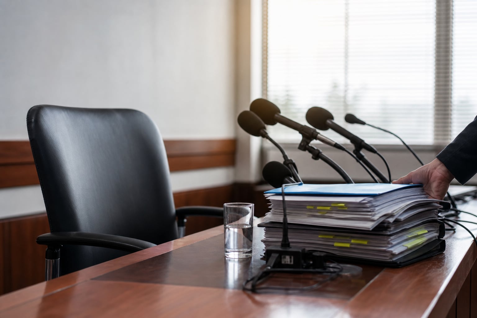 Silla vacía, micrófonos y documentos institucionales puestos sobre la mesa como imagen de responsabilidad pública
