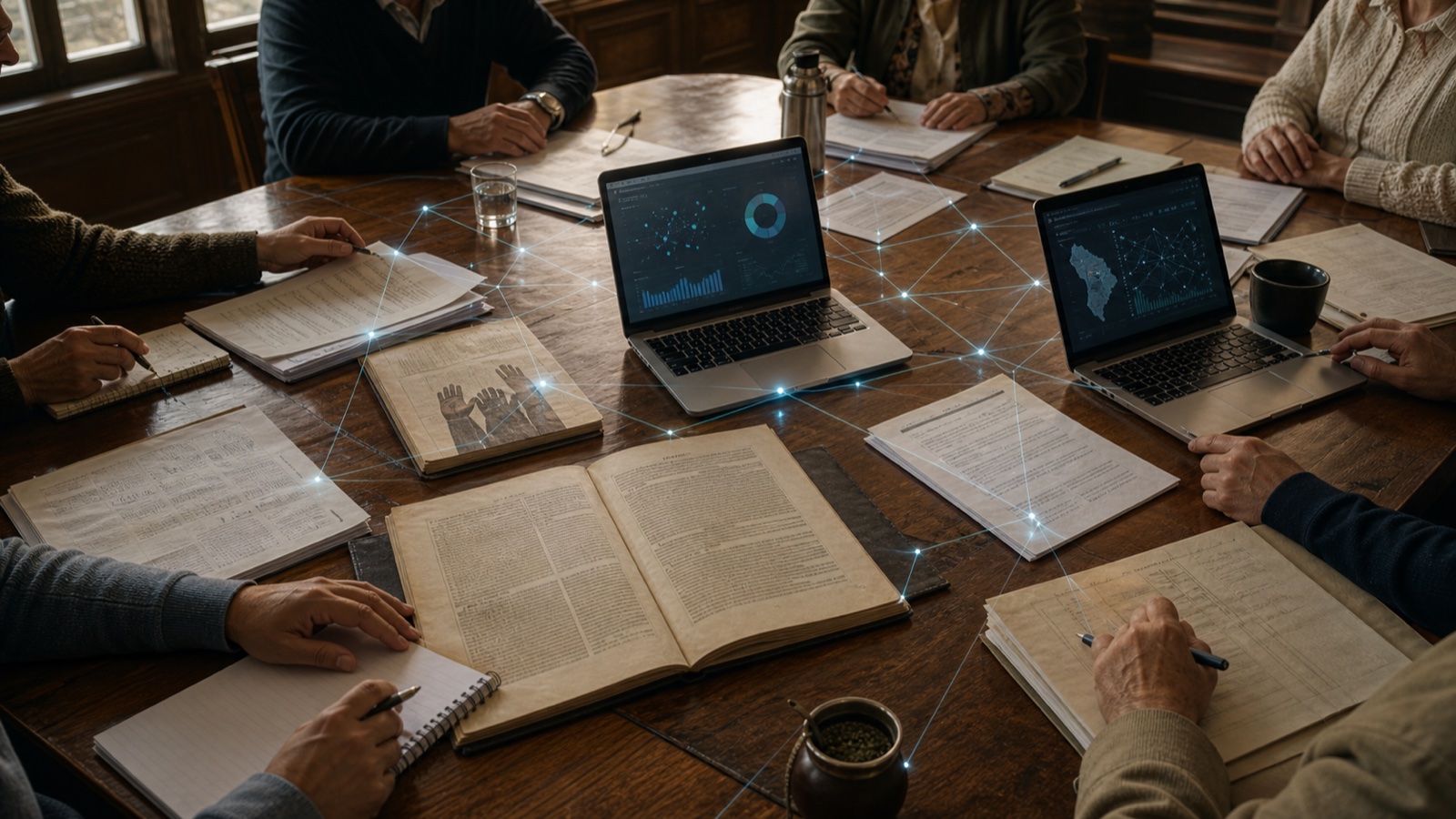 Mesa de deliberación democrática con documentos, laptops y una trama de datos entre manos ciudadanas