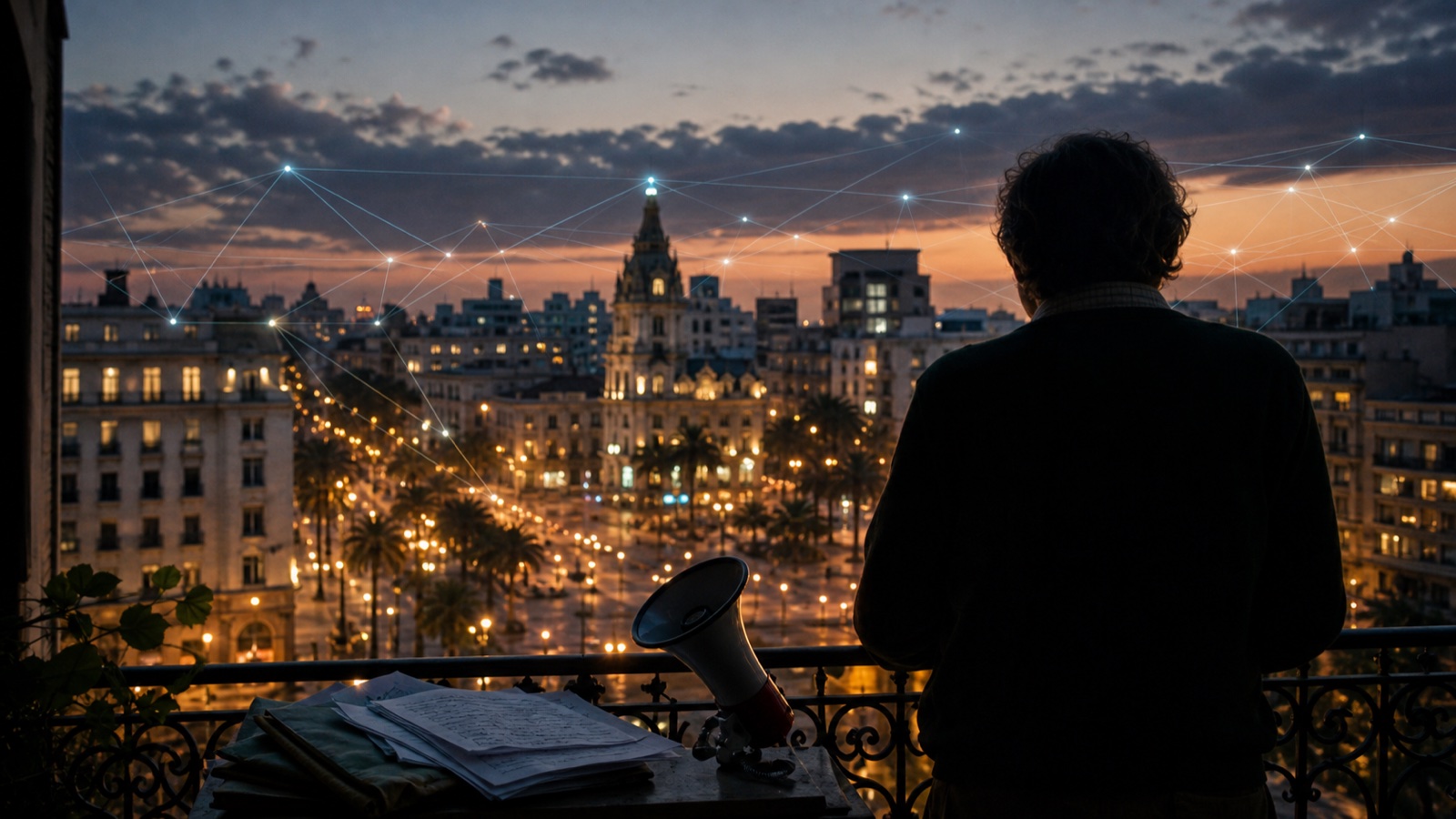 Ucronía visual de Líber Seregni ante Montevideo, un balcón, un megáfono y una trama de datos sobre la ciudad