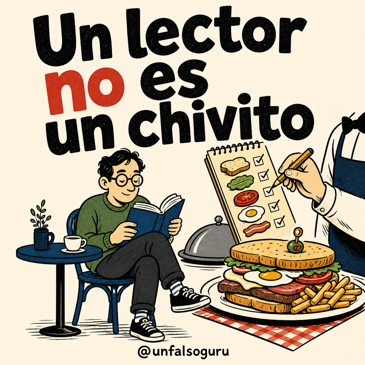 Diseño humorístico con la frase Un lector no es un chivito, firmado por @unfalsoguru