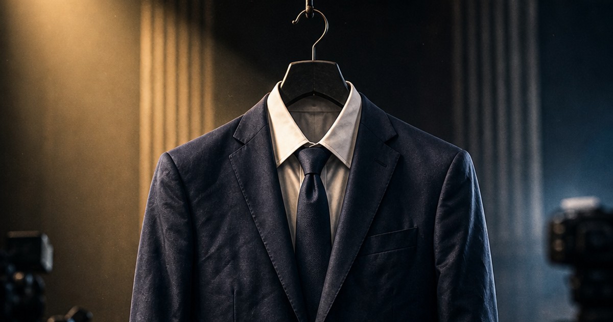 Imagen editorial de un traje presidencial vacío suspendido bajo focos, cámaras y una sala institucional en penumbra
