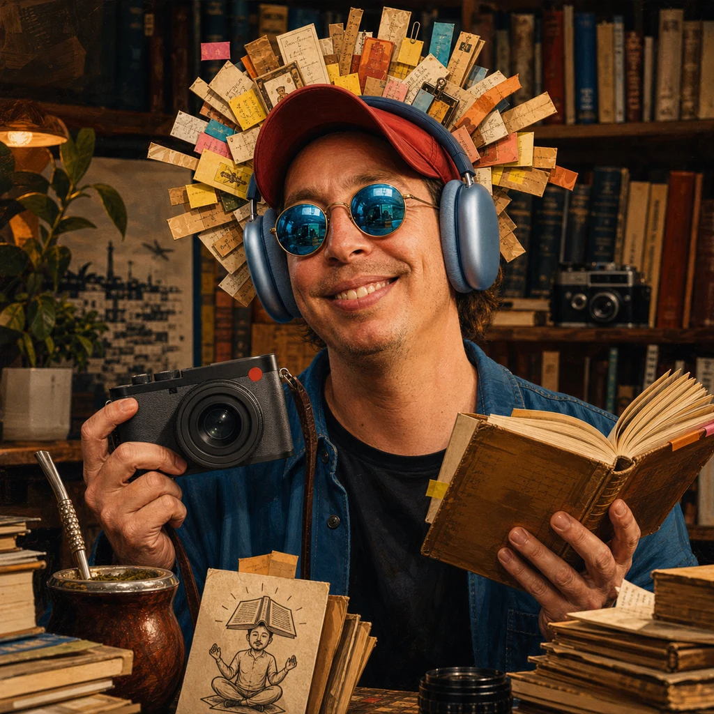 Martín Álvarez, Un falso gurú, con gorra roja, lentes azules, auriculares, cámara y libro