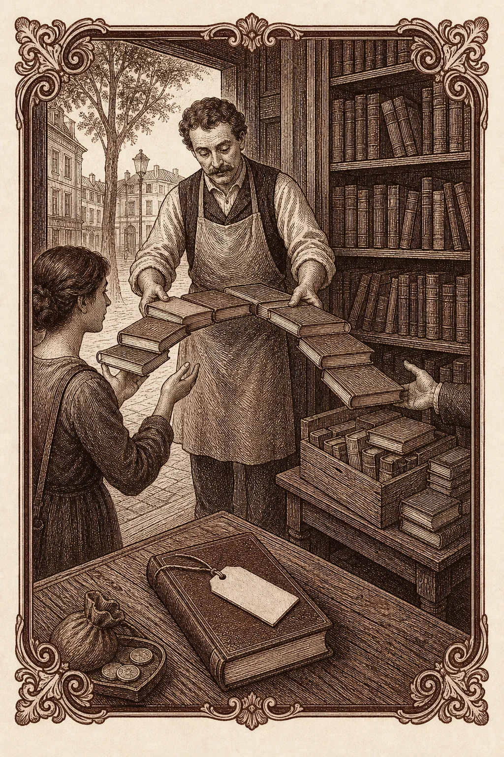 Ilustración ex libris de un librero construyendo un puente de libros entre precio, lector y catálogo