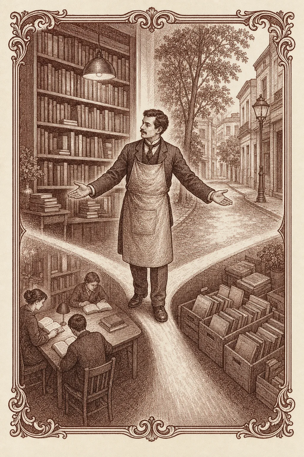 Ilustración ex libris de un librero en un cruce entre estantes, barrio, mesa lectora y cajas de usados