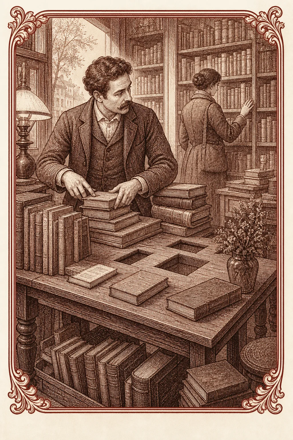Ilustración ex libris de un librero atento a una mesa, los lomos y el gesto de una lectora