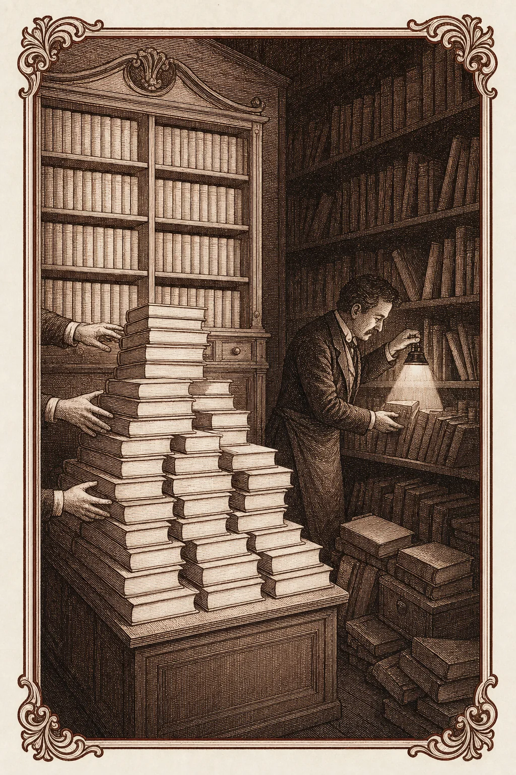 Ilustración ex libris de un catálogo infinito con libros empujados hacia la luz y otros rescatados en sombra