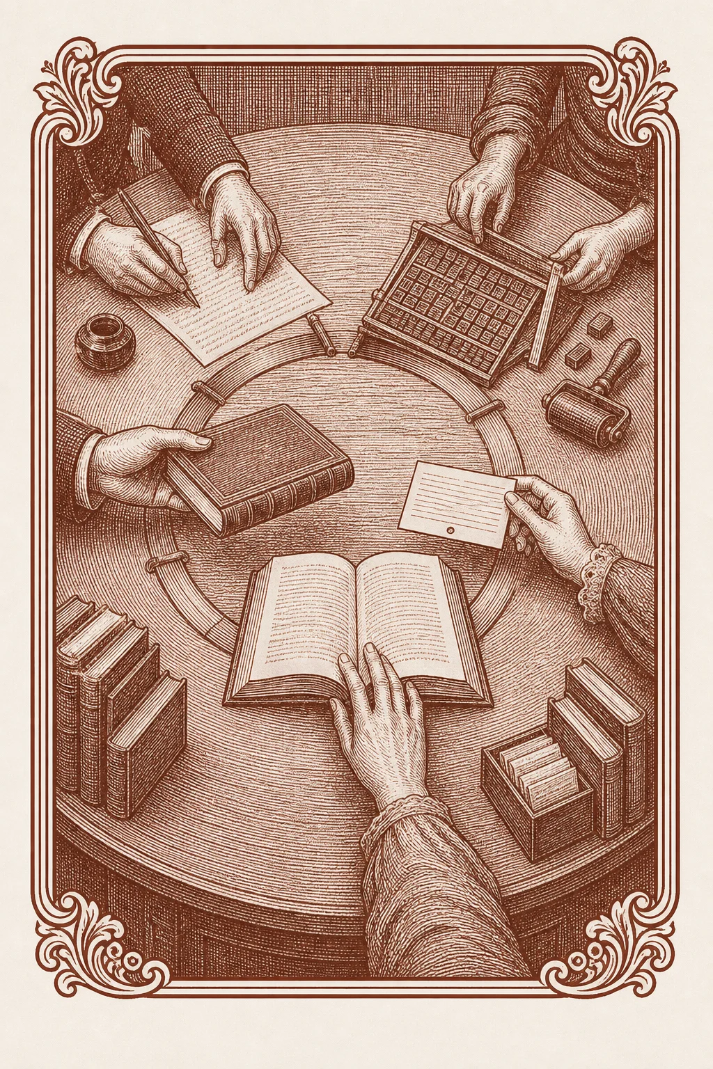 Ilustración ex libris de un circuito humano alrededor de un libro abierto