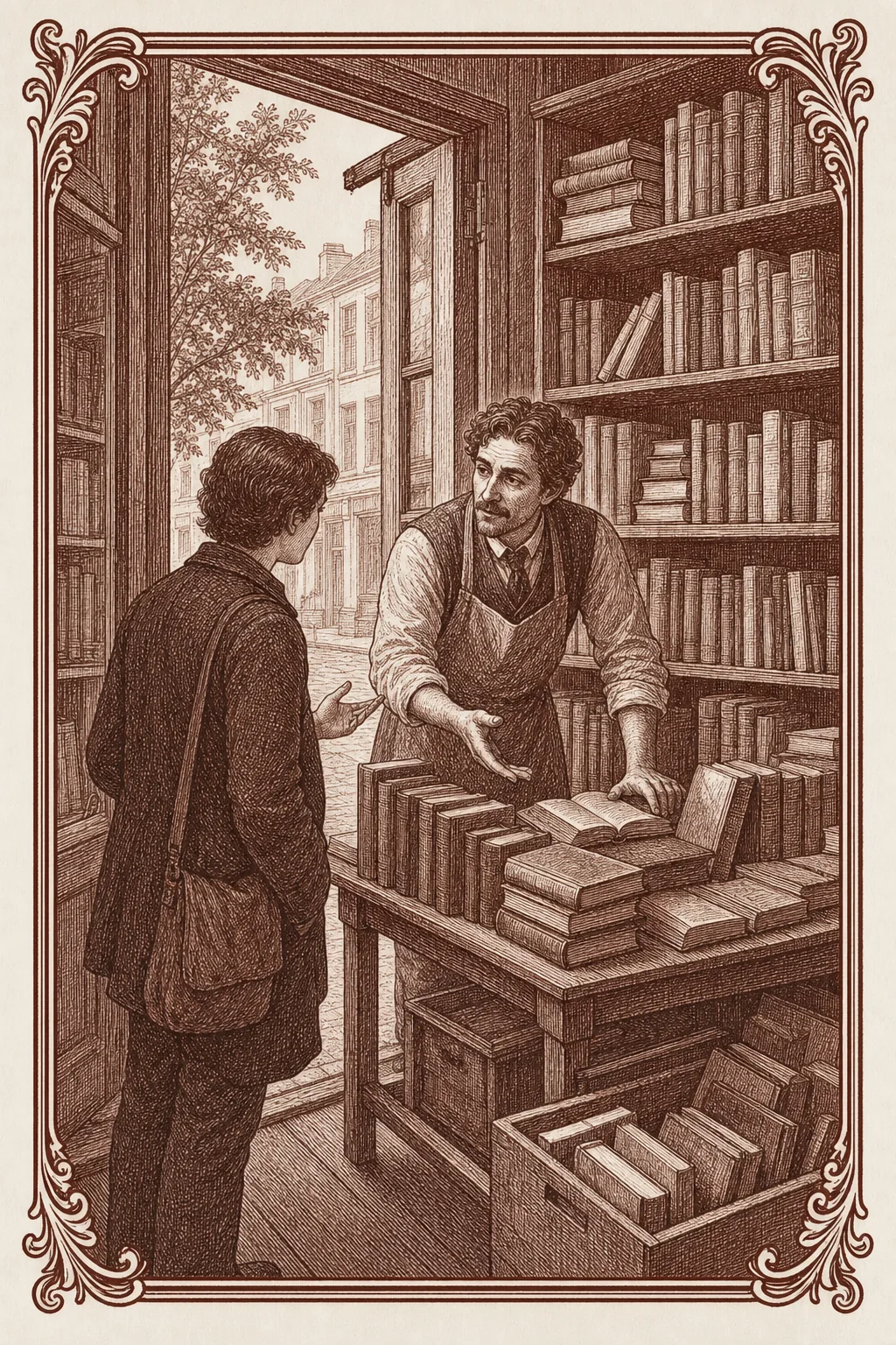 Ilustración ex libris de una puerta de librería abierta con un librero escuchando una pregunta incompleta