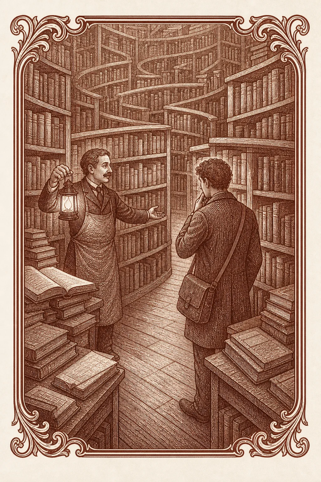 Ilustración ex libris de una librería convertida en laberinto de demasiados libros