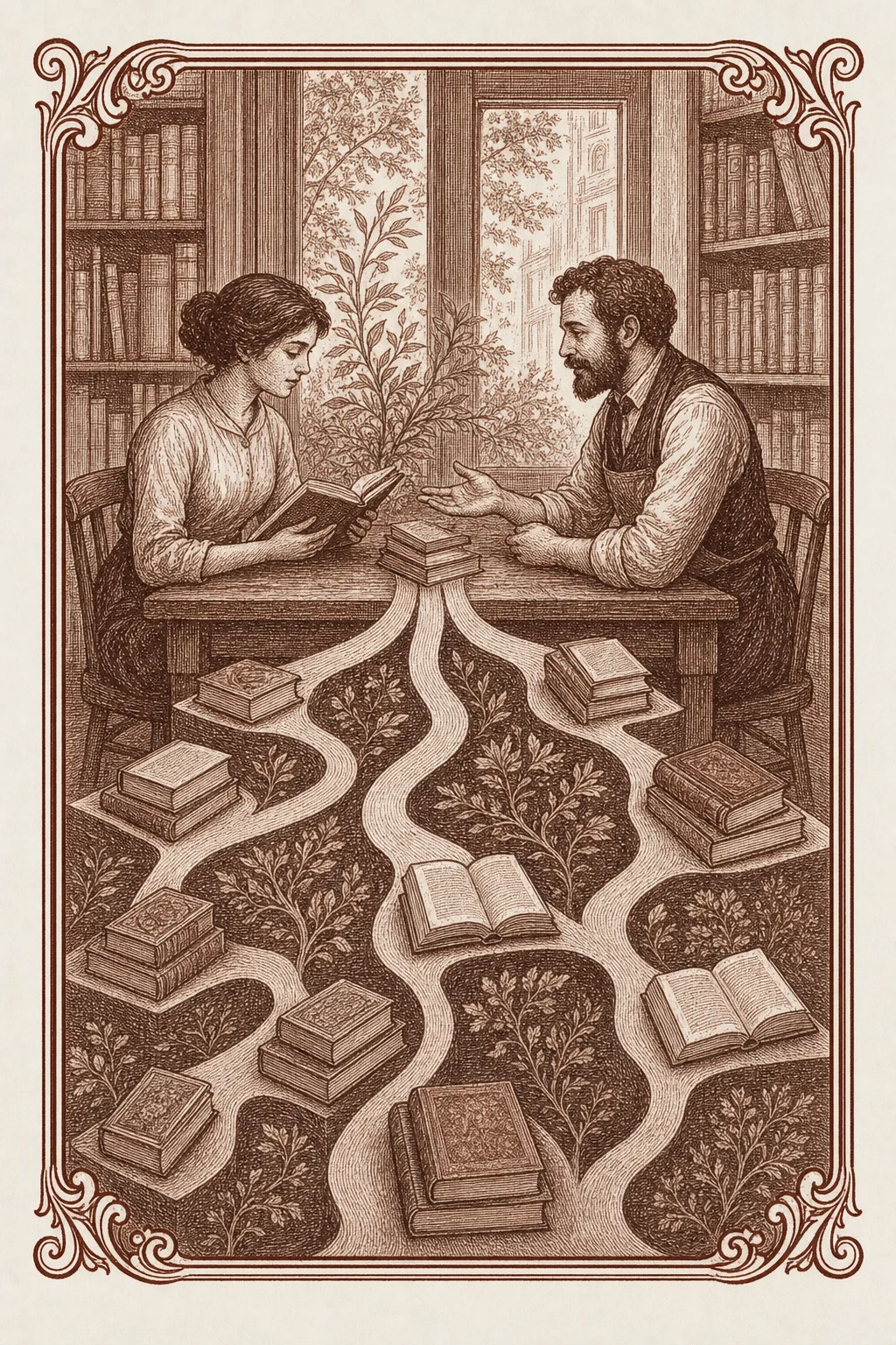 Ilustración ex libris de una conversación entre librero y lectora con varios caminos de libros abiertos