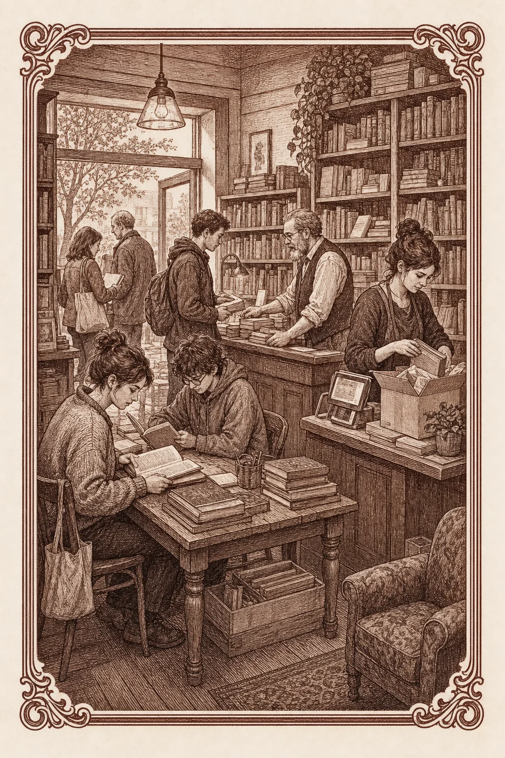 Ilustración ex libris de una librería viva con lectores, mesa de trabajo y herramientas contemporáneas discretas