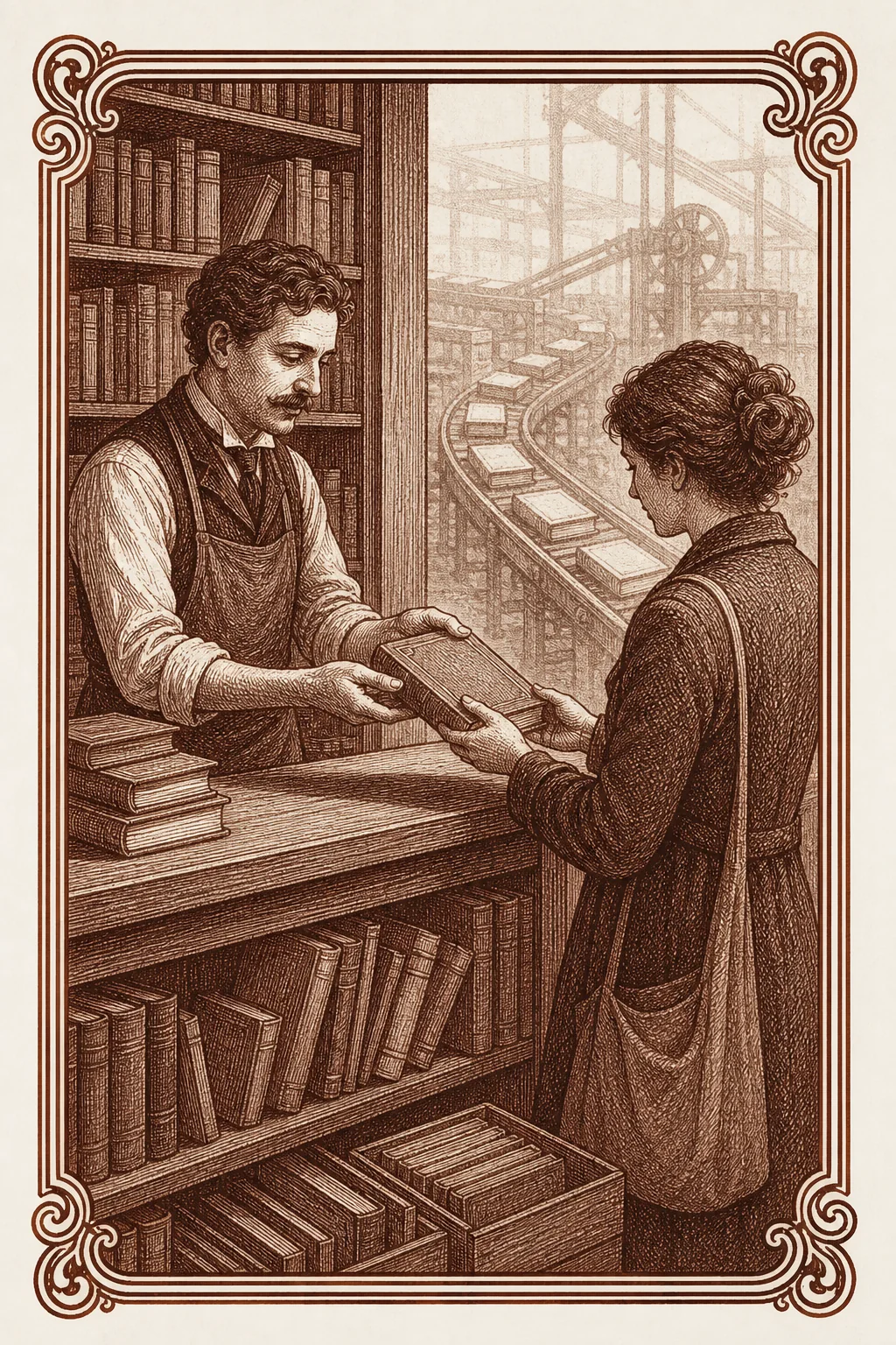 Ilustración ex libris de una recomendación librera frente a una maquinaria de libros idénticos