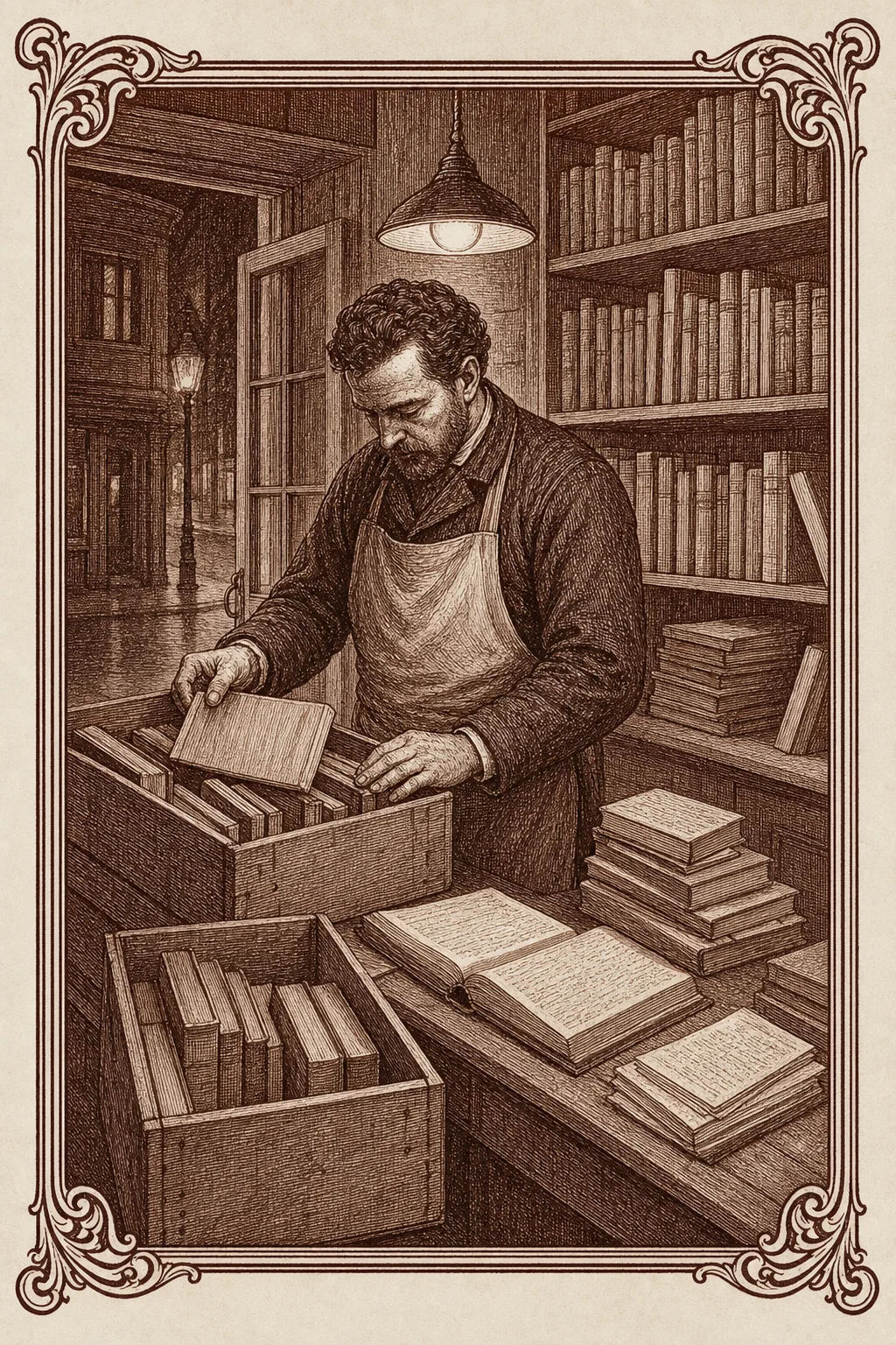 Ilustración ex libris de un librero trabajando entre cajas, cuentas y libros usados