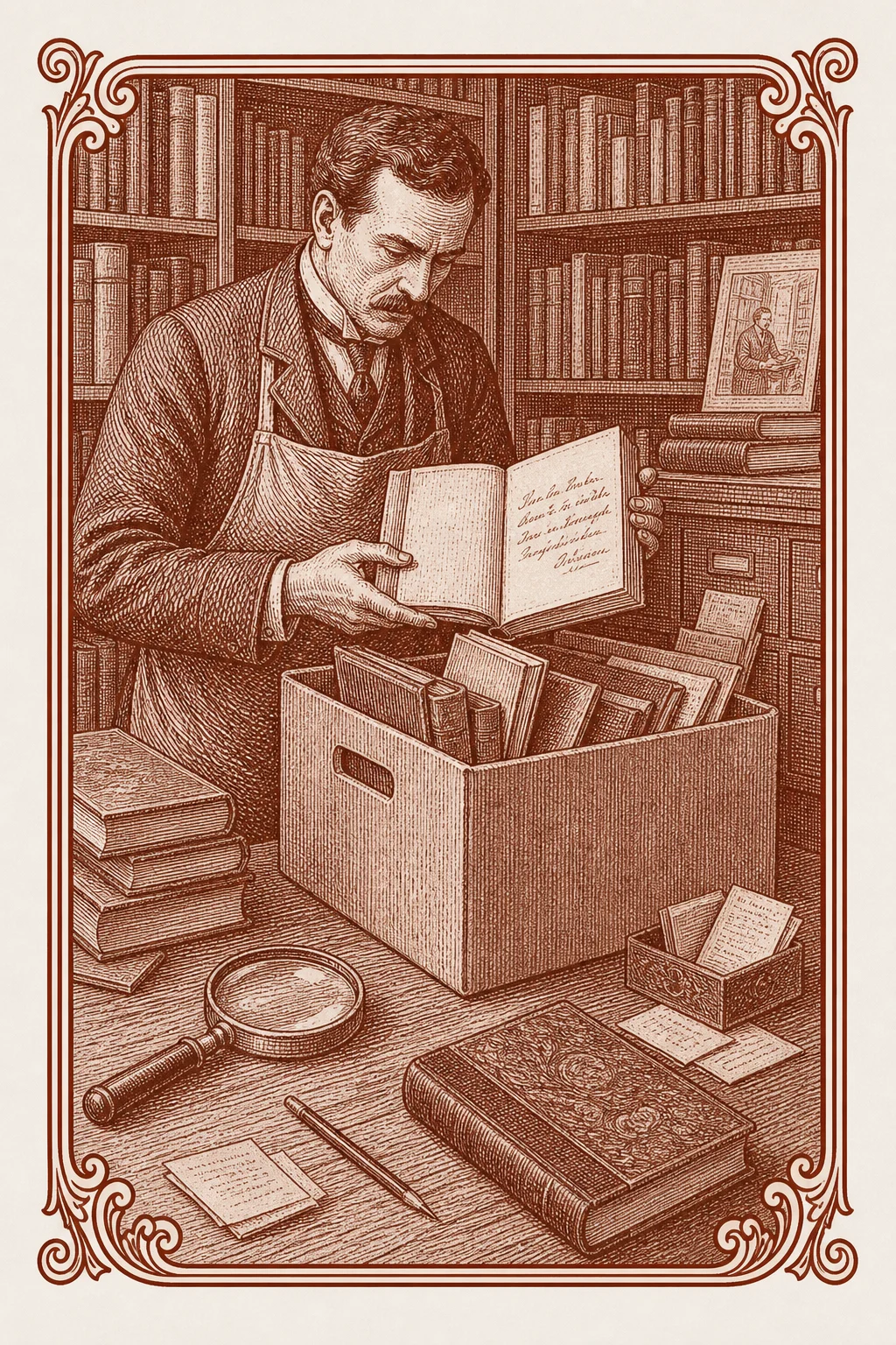 Ilustración ex libris de un librero revisando una caja de libros usados