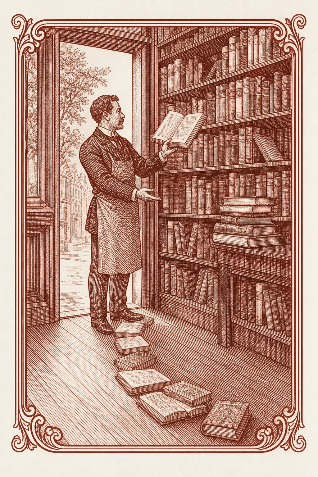 Ilustración ex libris de un librero entre una puerta abierta y una biblioteca