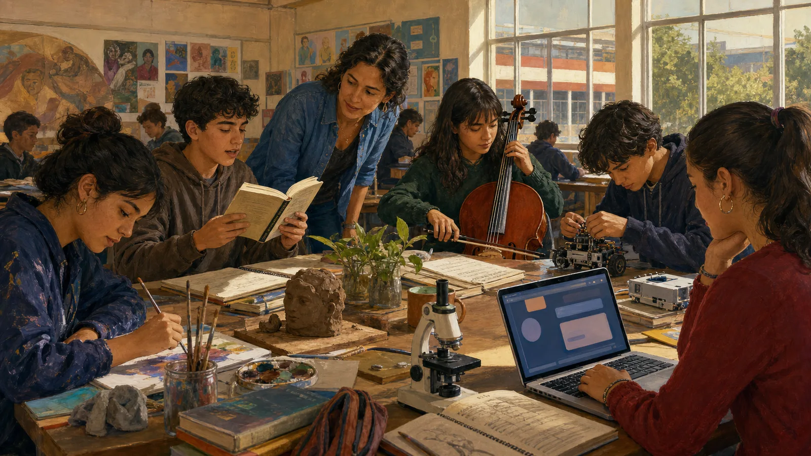 Aula-taller donde lectura, música, arte, ciencia e inteligencia artificial comparten una misma mesa de trabajo