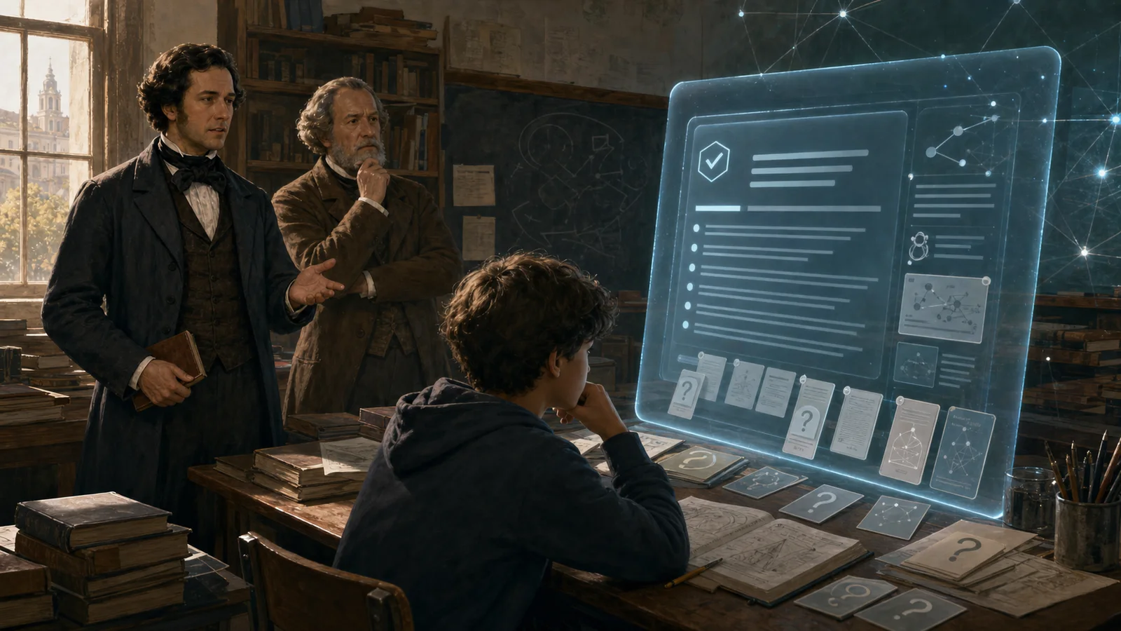 Classroom where an automatic answer appears as a luminous catechism while teachers and students submit it to verification