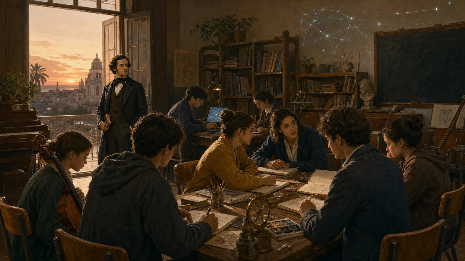 School community gathered around a table with books, science, music, art and a subordinate digital presence
