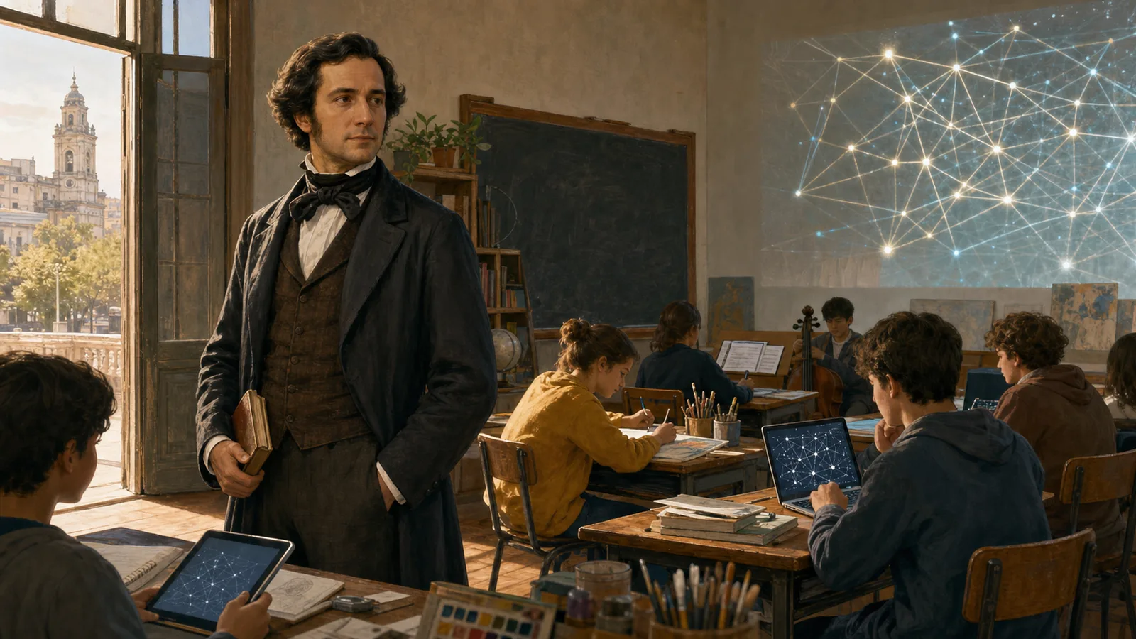 Ucronía visual de José Pedro Varela ante una escuela pública uruguaya atravesada por libros, artes e inteligencia artificial