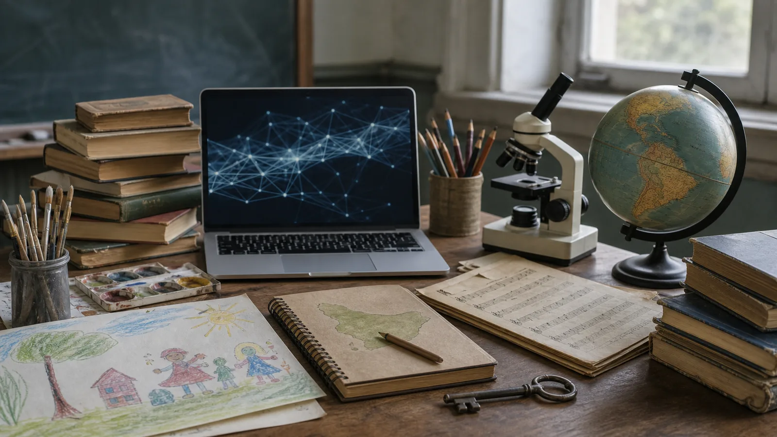Mesa de reforma educativa con libros, arte, ciencia e inteligencia artificial como materiales de una misma escuela pública