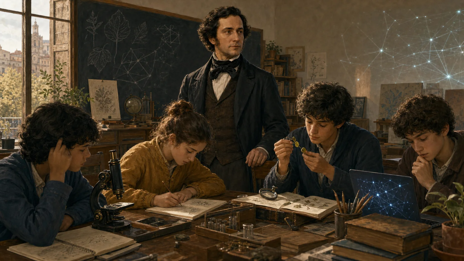 Students observe, draw, compare and verify at a table where science, art and technology share method